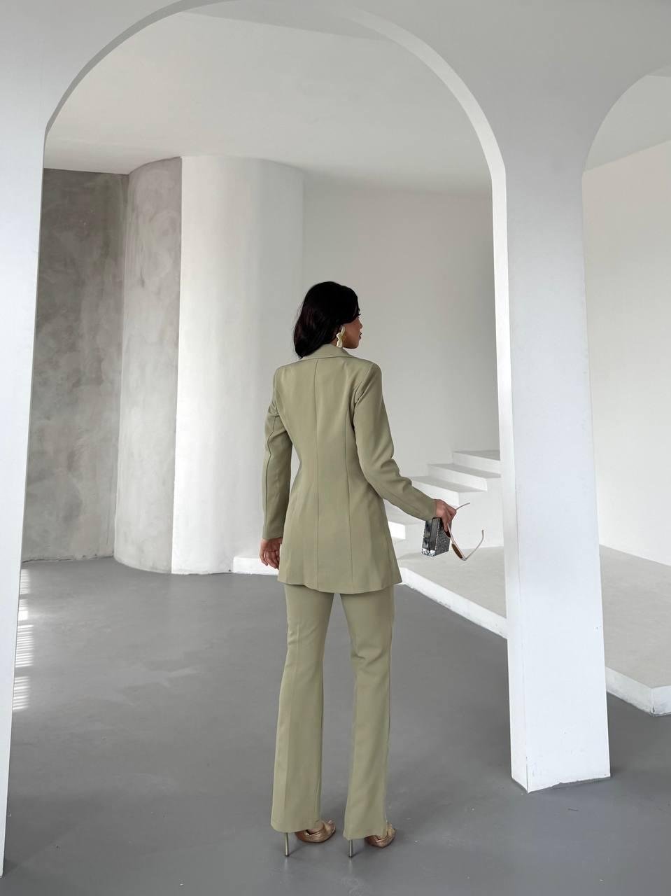 Haki Çift Kuşak Görünümlü Blazer Takım