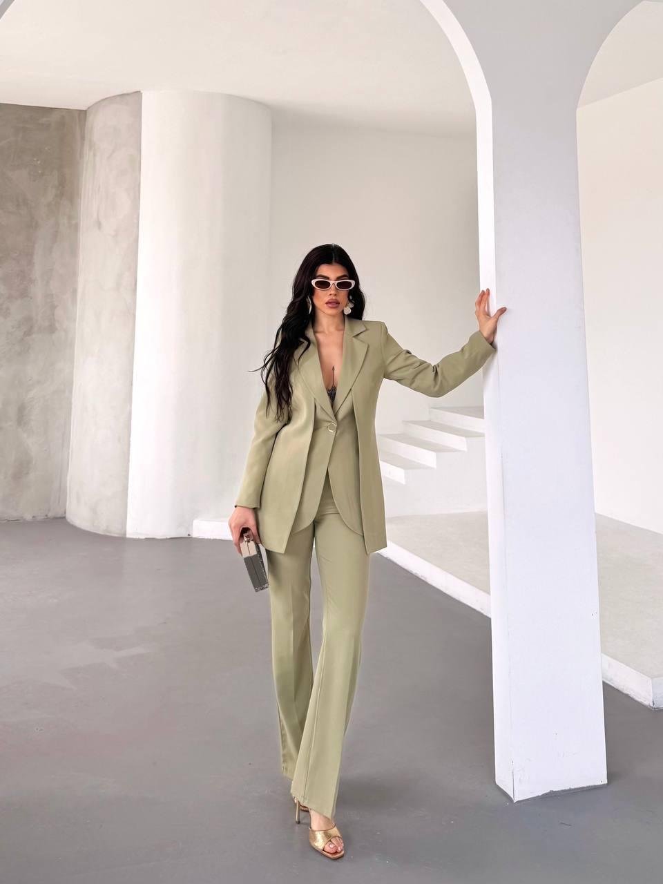 Haki Çift Kuşak Görünümlü Blazer Takım