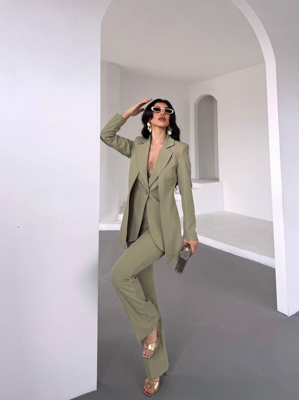 Haki Çift Kuşak Görünümlü Blazer Takım