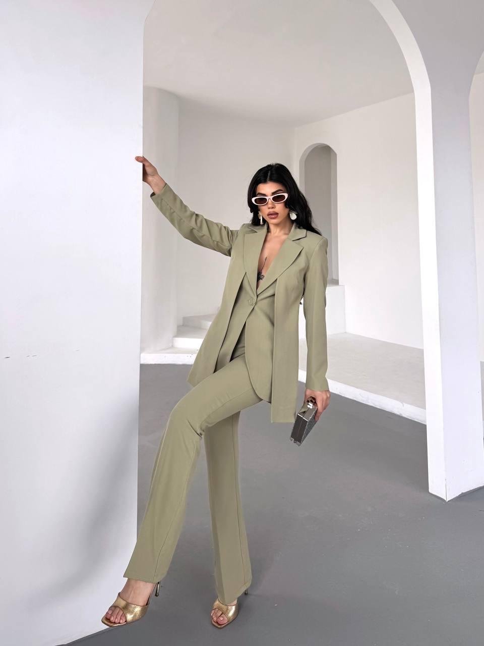 Haki Çift Kuşak Görünümlü Blazer Takım