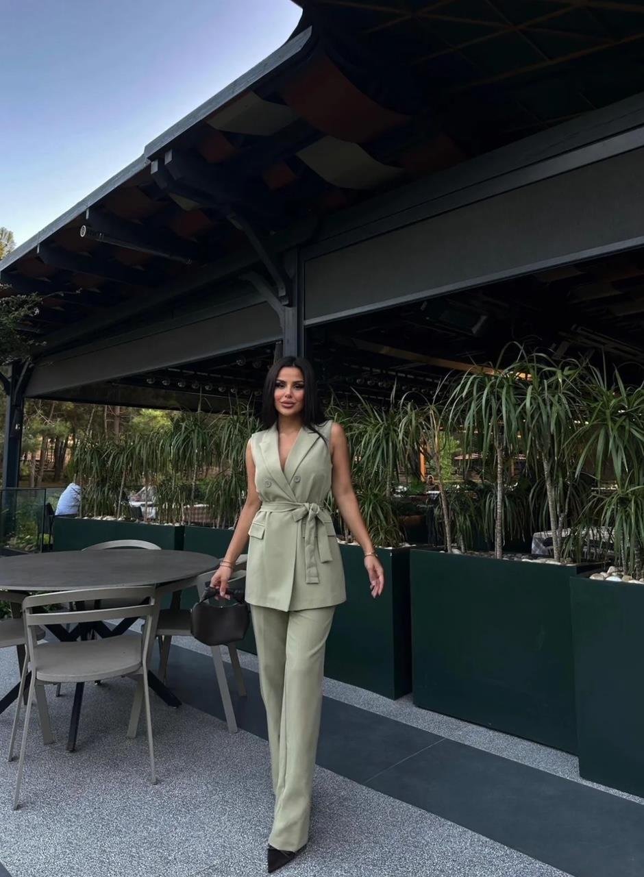 Haki Düğmeli Kuşaklı Yelek Pantolon Blazer Takım