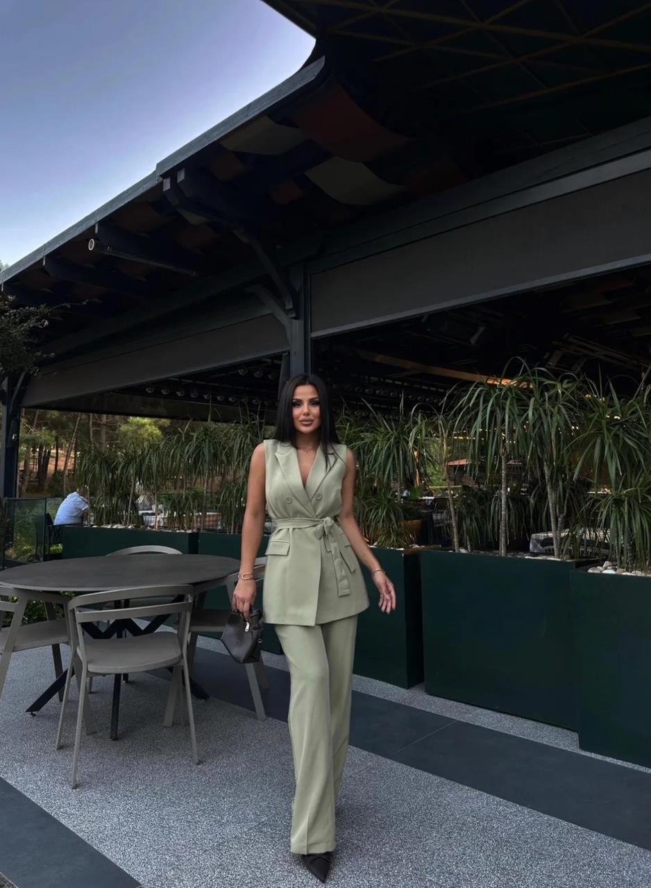 Haki Düğmeli Kuşaklı Yelek Pantolon Blazer Takım