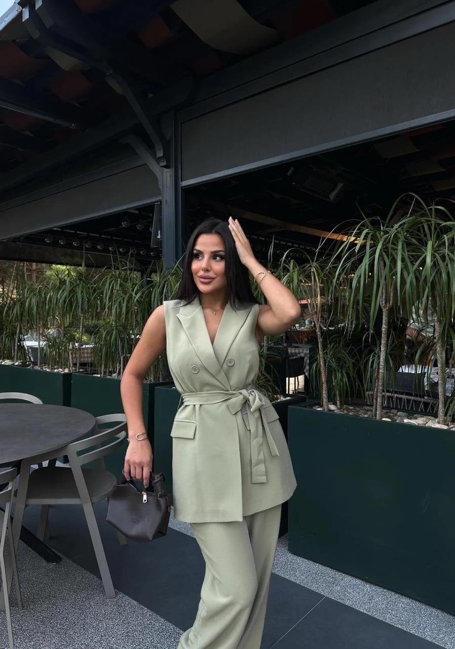 Haki Düğmeli Kuşaklı Yelek Pantolon Blazer Takım