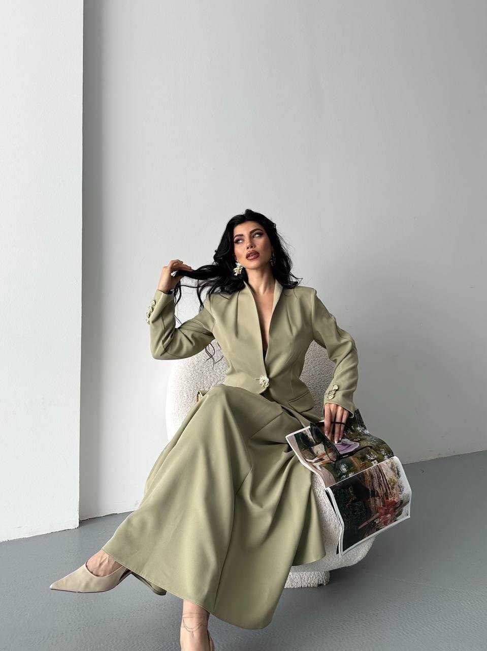 Haki Gold Düğmeli Ceket Etek Blazer Takım