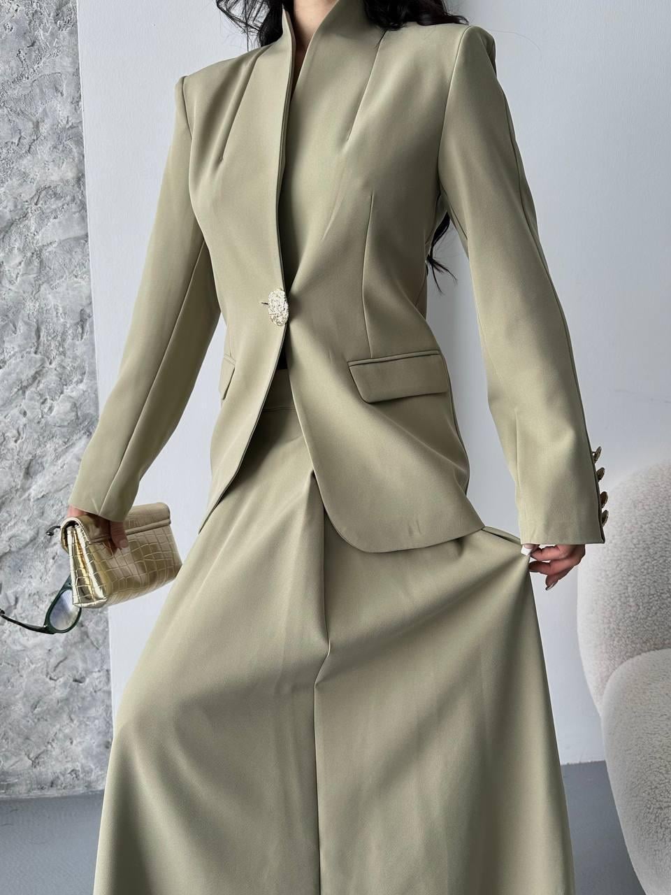 Haki Gold Düğmeli Ceket Etek Blazer Takım