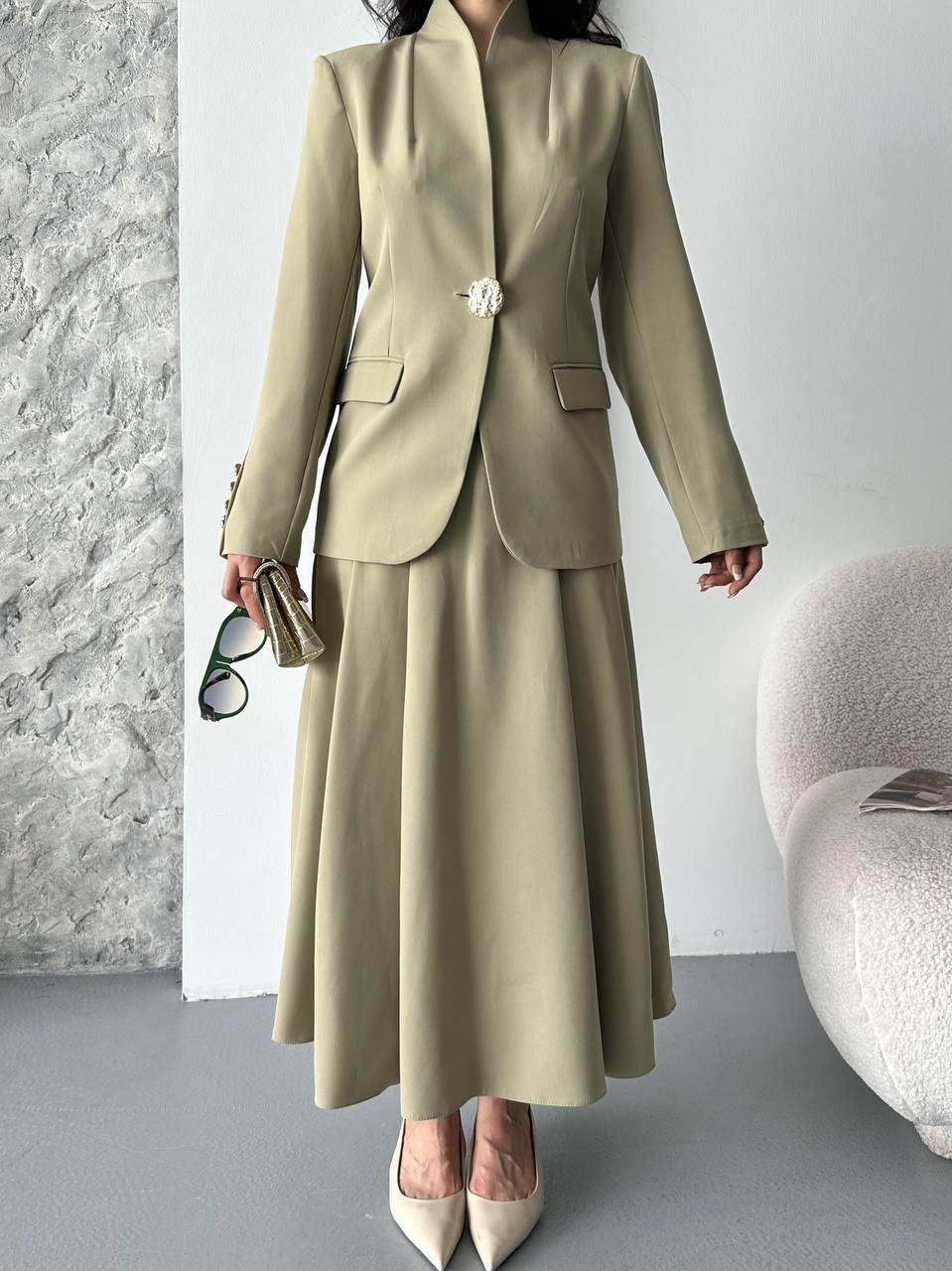 Haki Gold Düğmeli Ceket Etek Blazer Takım