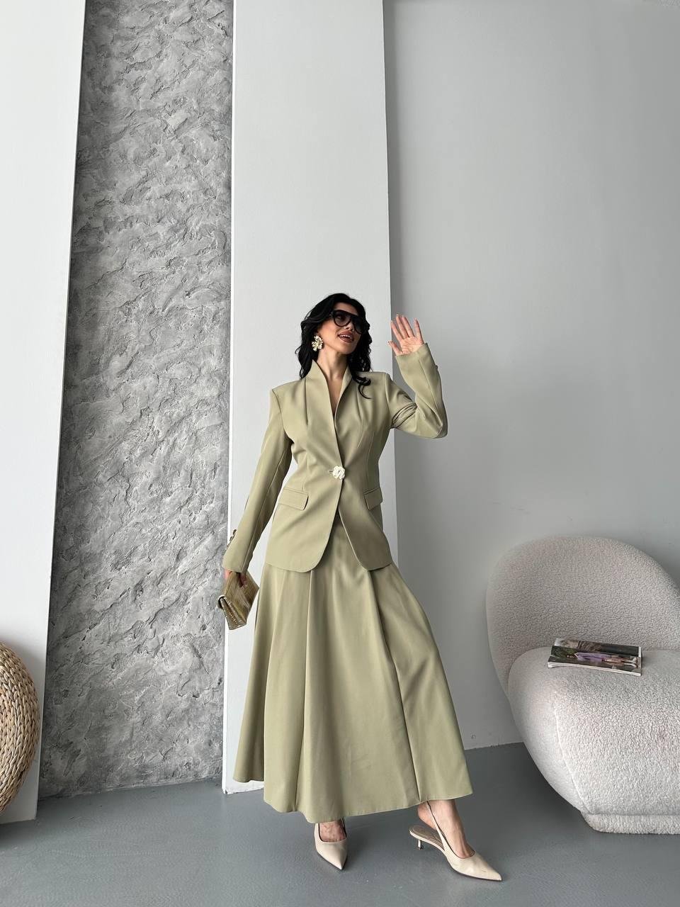 Haki Gold Düğmeli Ceket Etek Blazer Takım