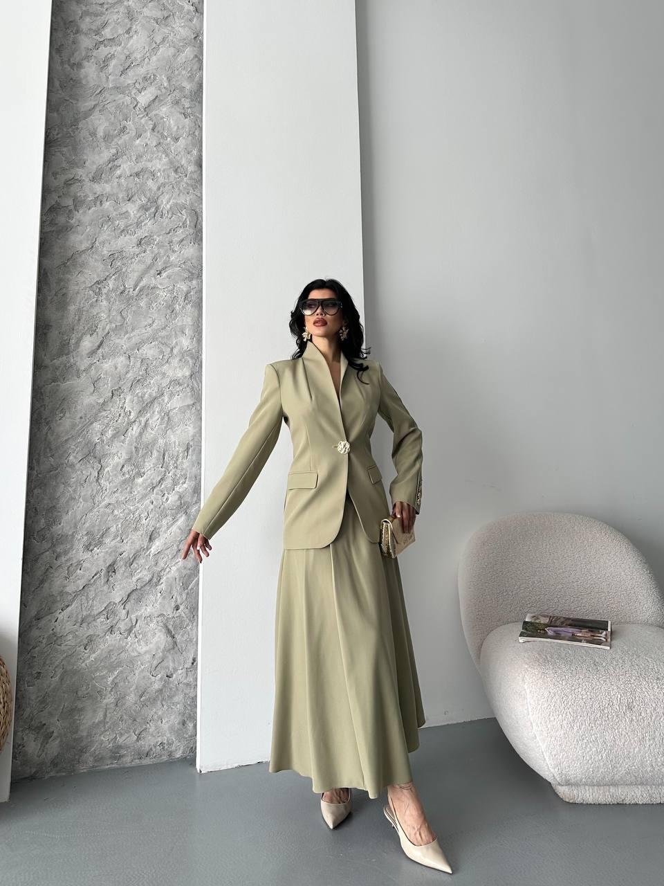 Haki Gold Düğmeli Ceket Etek Blazer Takım