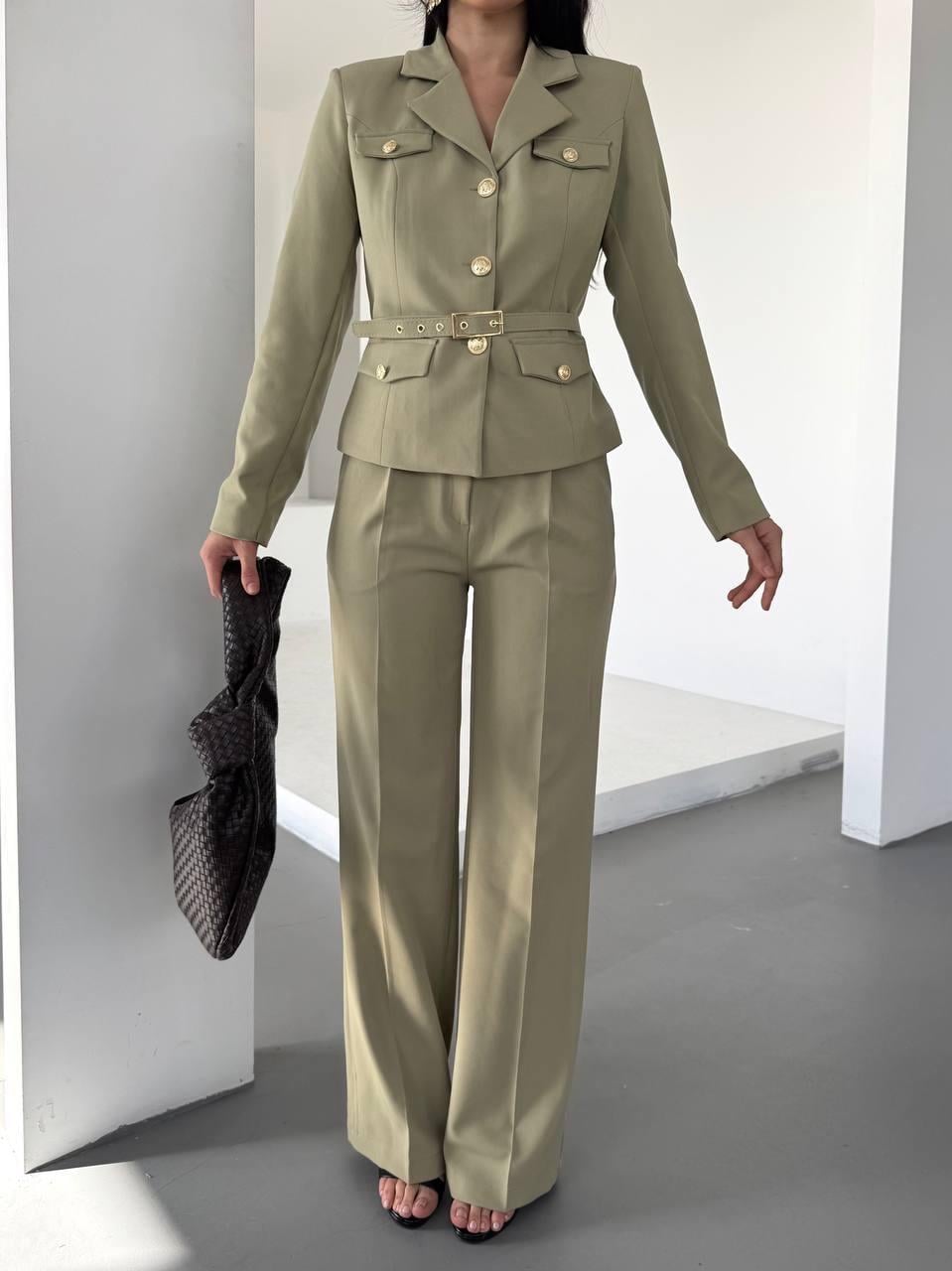 Haki Kemerli Ceket Pantolon Blazer Takım