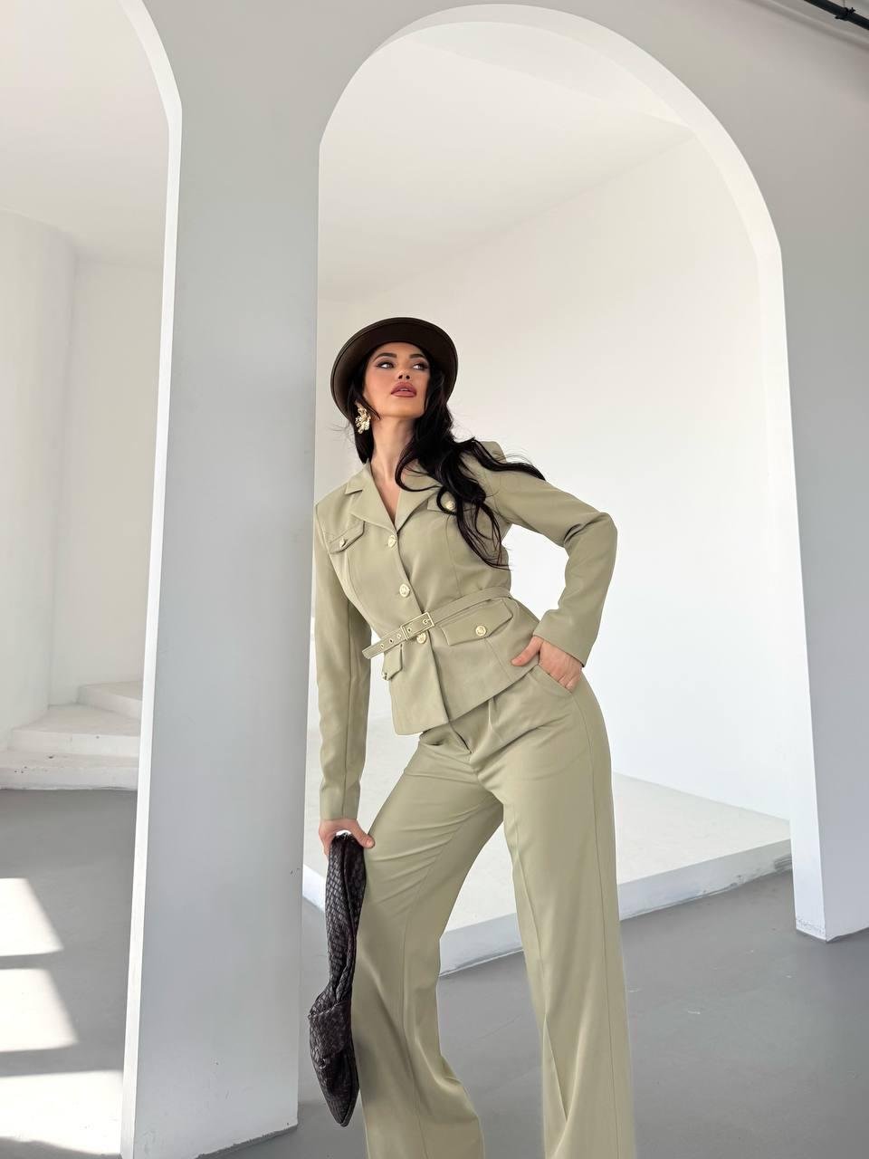 Haki Kemerli Ceket Pantolon Blazer Takım
