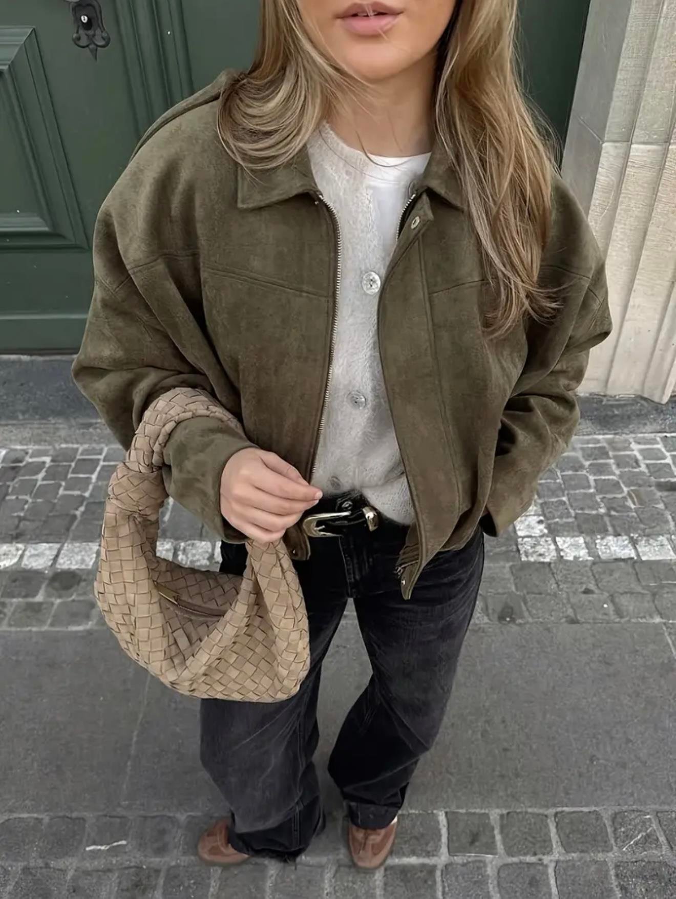 Haki Oversize Bomber Süet Ceket