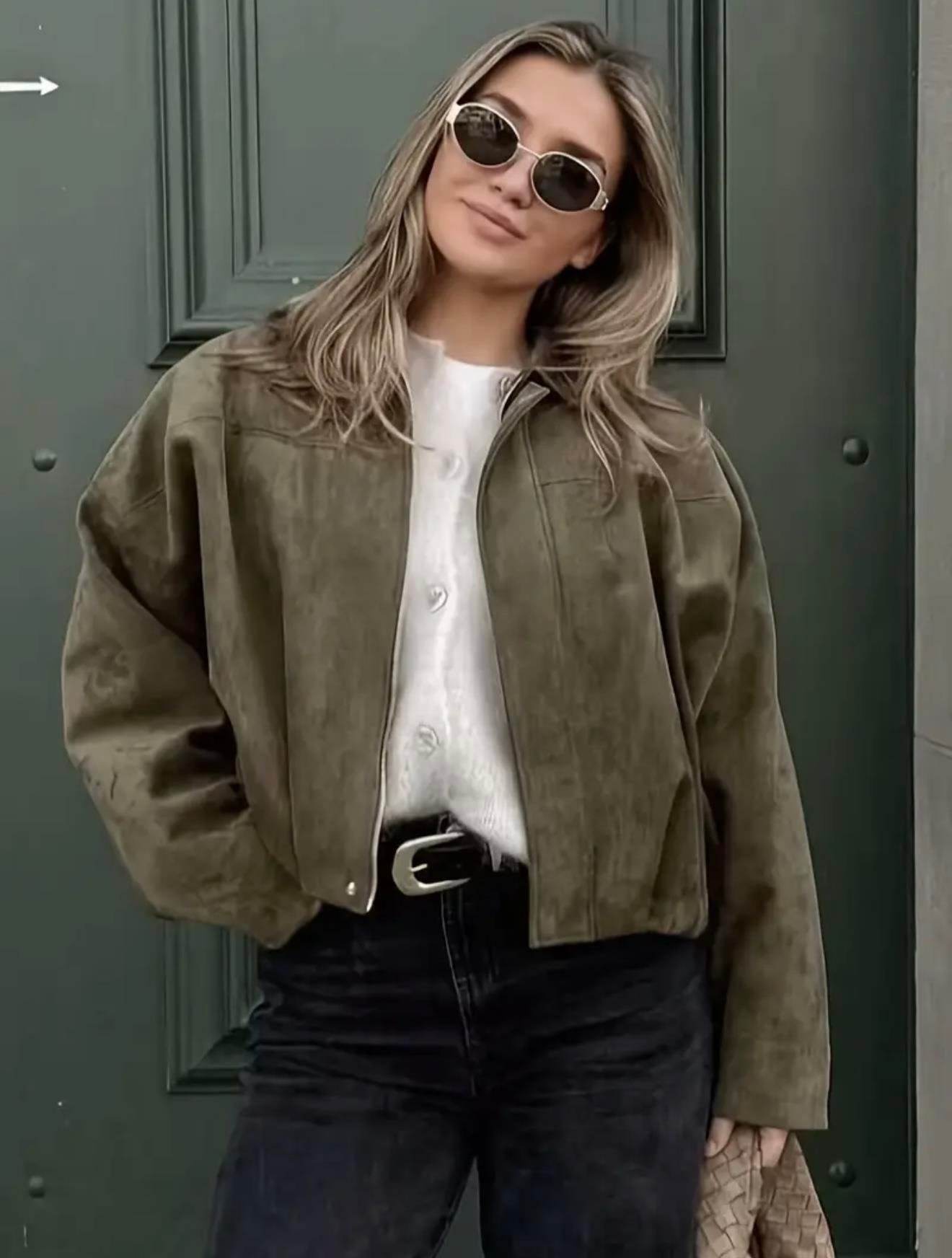 Haki Oversize Bomber Süet Ceket