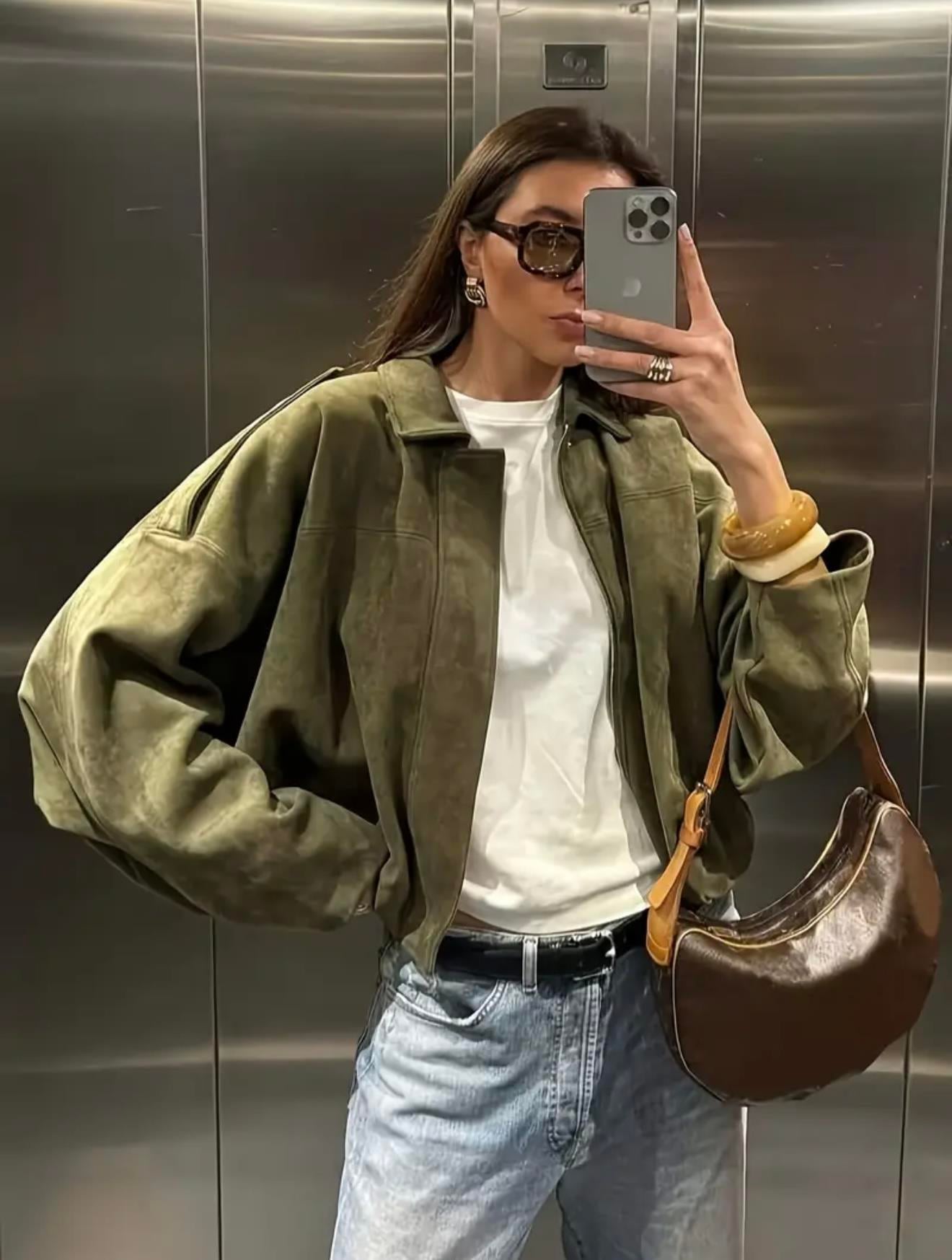 Haki Oversize Bomber Süet Ceket