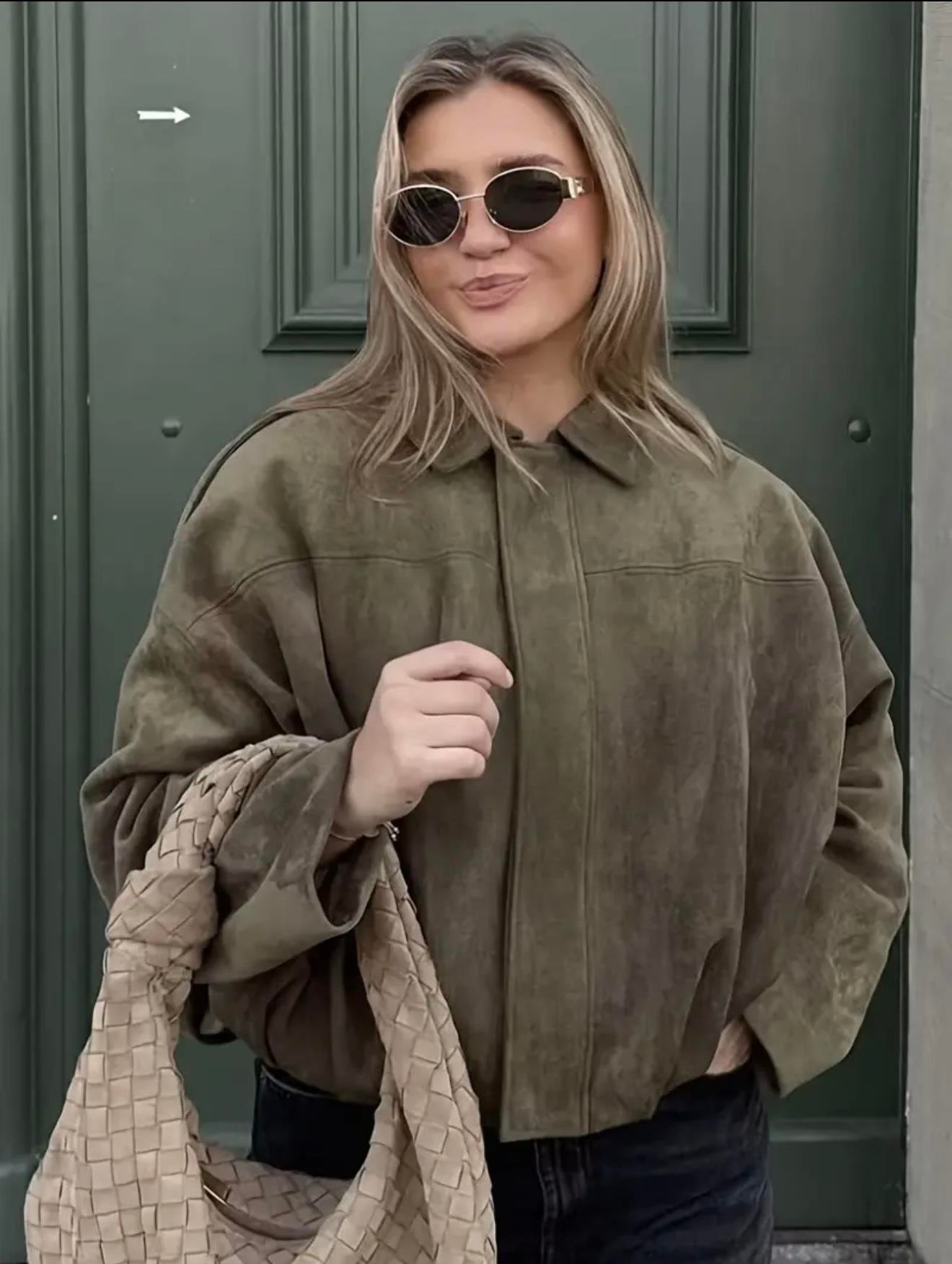Haki Oversize Bomber Süet Ceket
