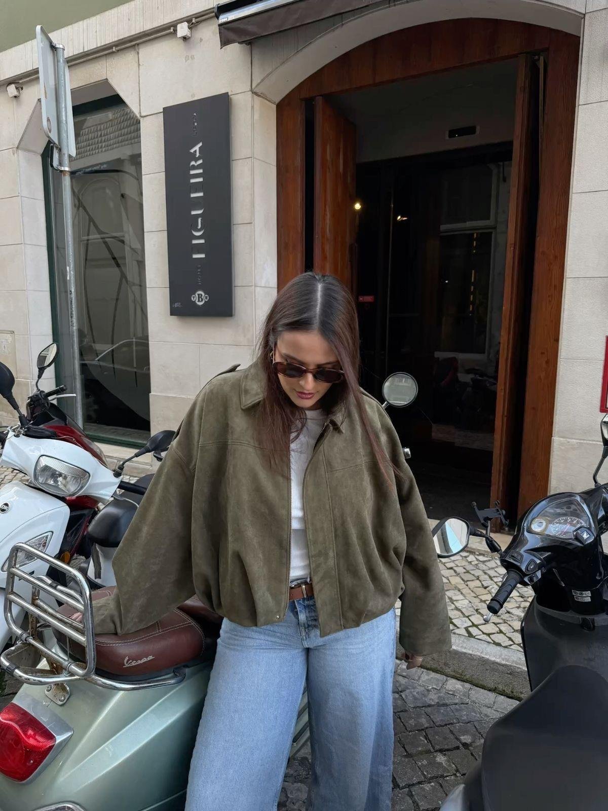 Haki Oversize Bomber Süet Ceket