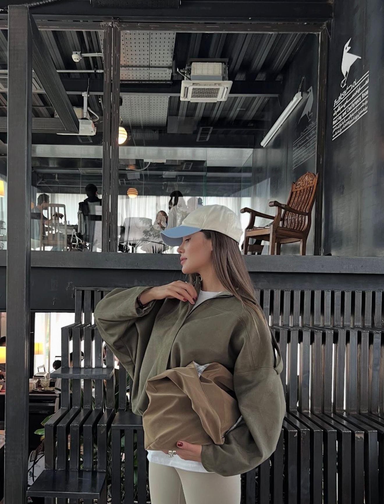 Haki Oversize Patlı Crop Süet Ceket