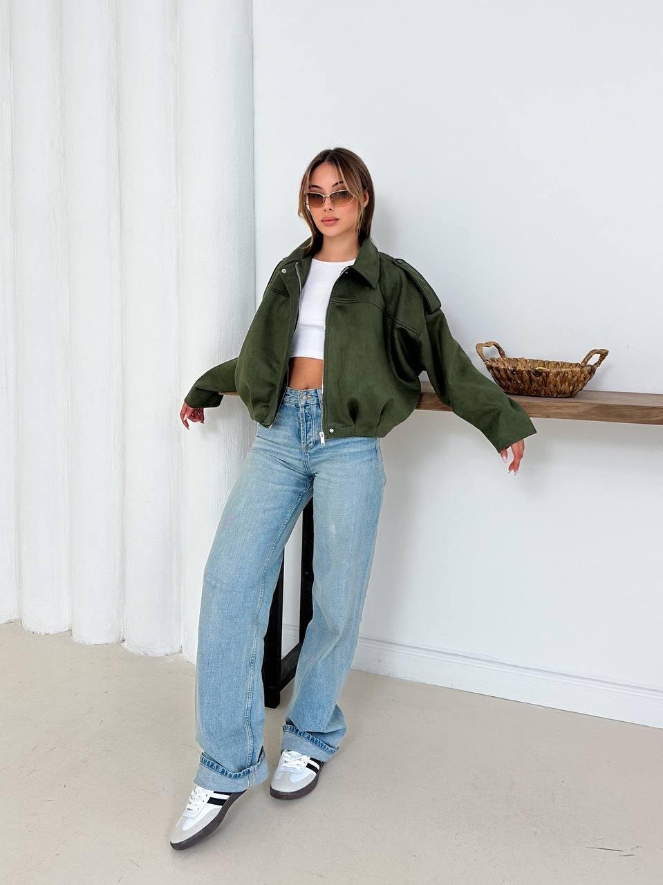 Haki Oversize Süet Bomber Ceket