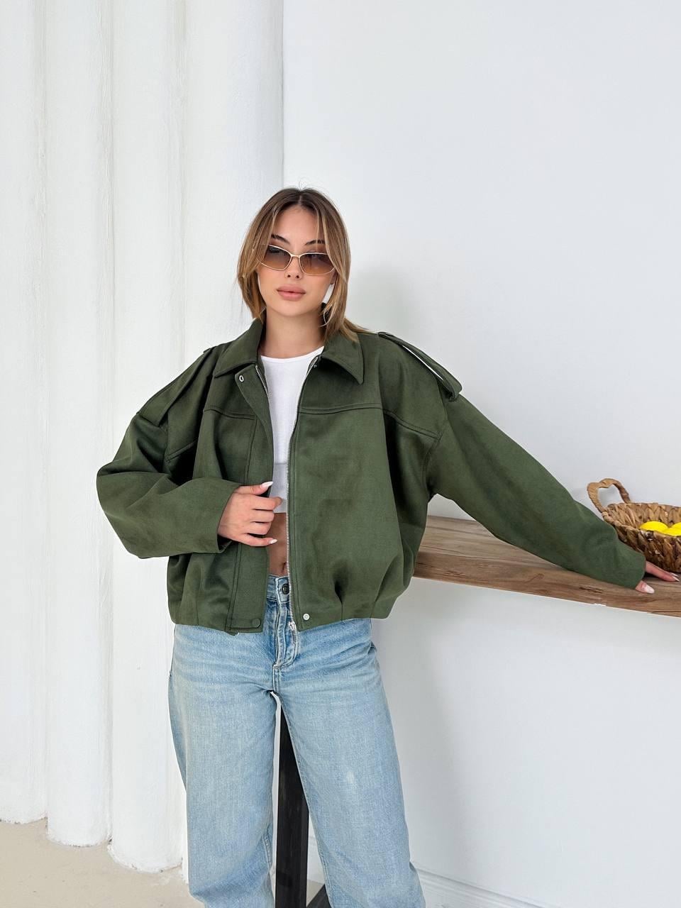 Haki Oversize Süet Bomber Ceket