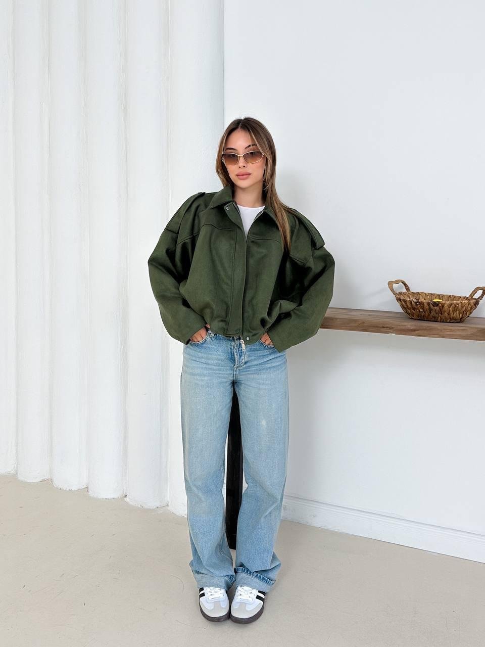 Haki Oversize Süet Bomber Ceket