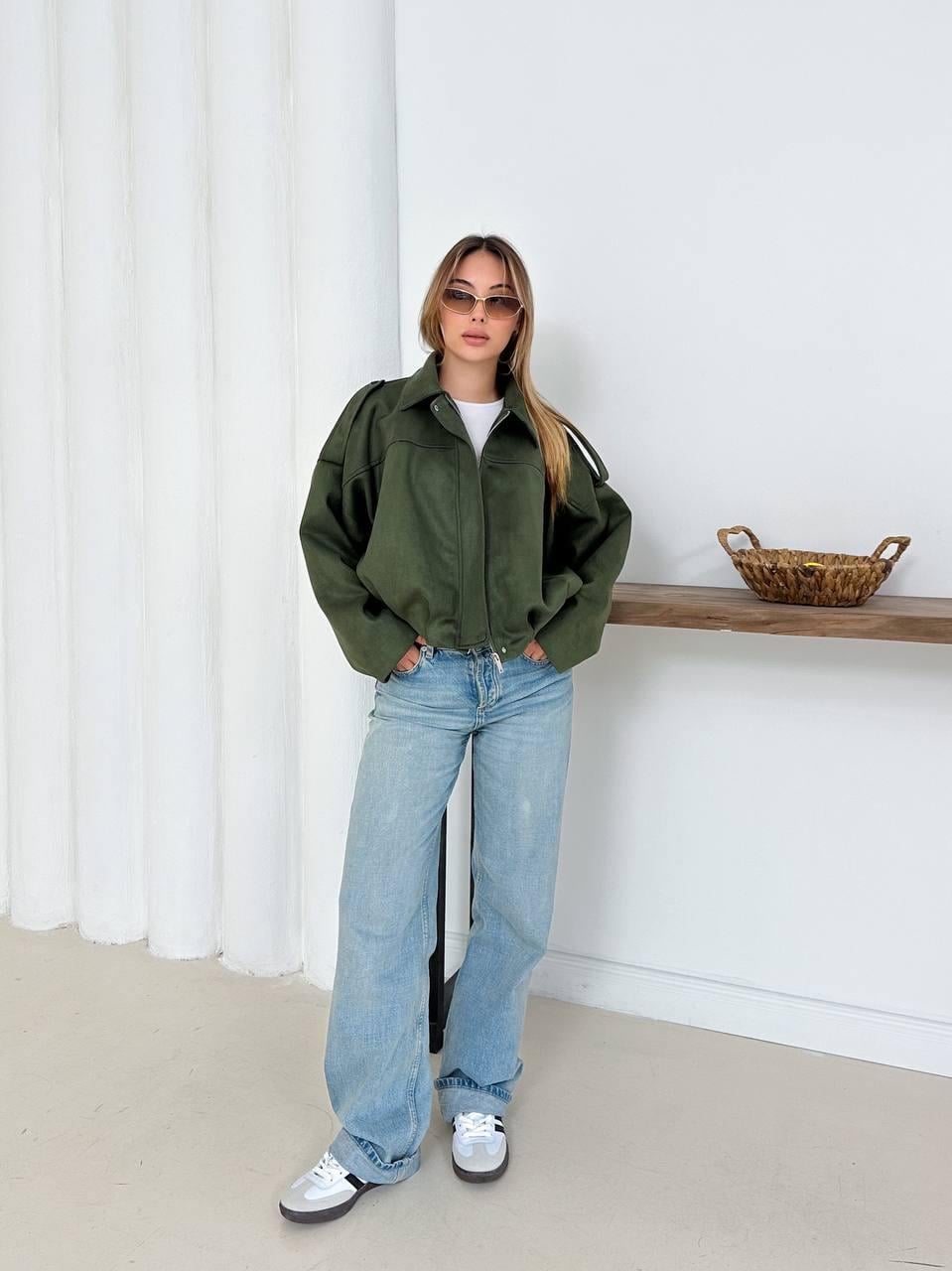 Haki Oversize Süet Bomber Ceket