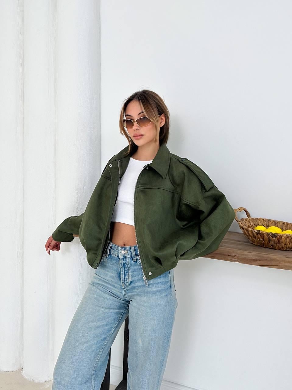 Haki Oversize Süet Bomber Ceket