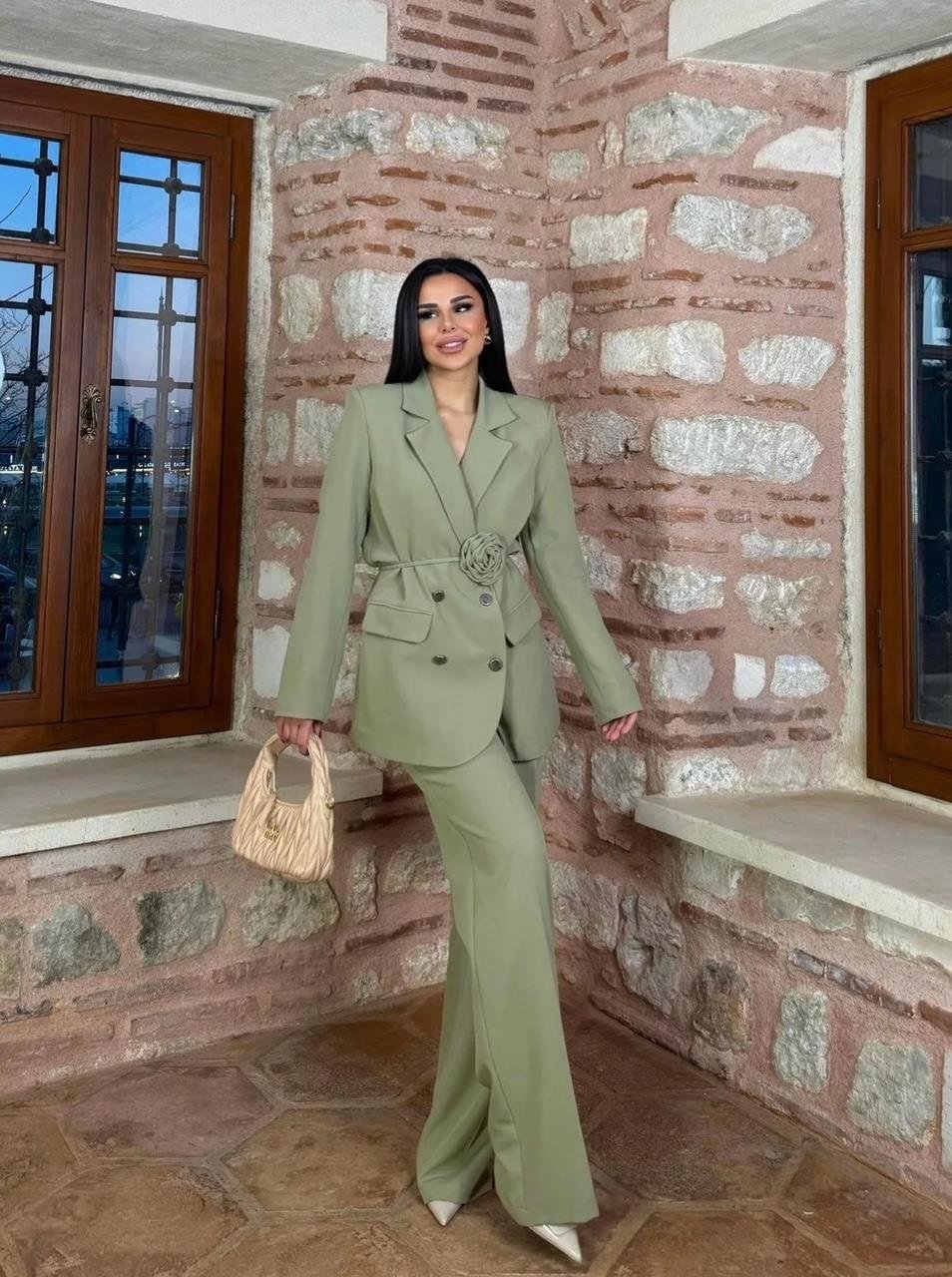 Haki Roses Güllü Blazer Takım