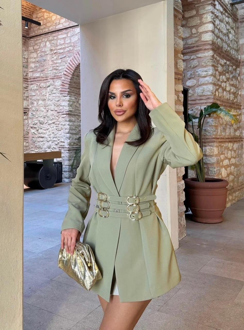 Haki Üç Kemerli Blazer Ceket Elbise