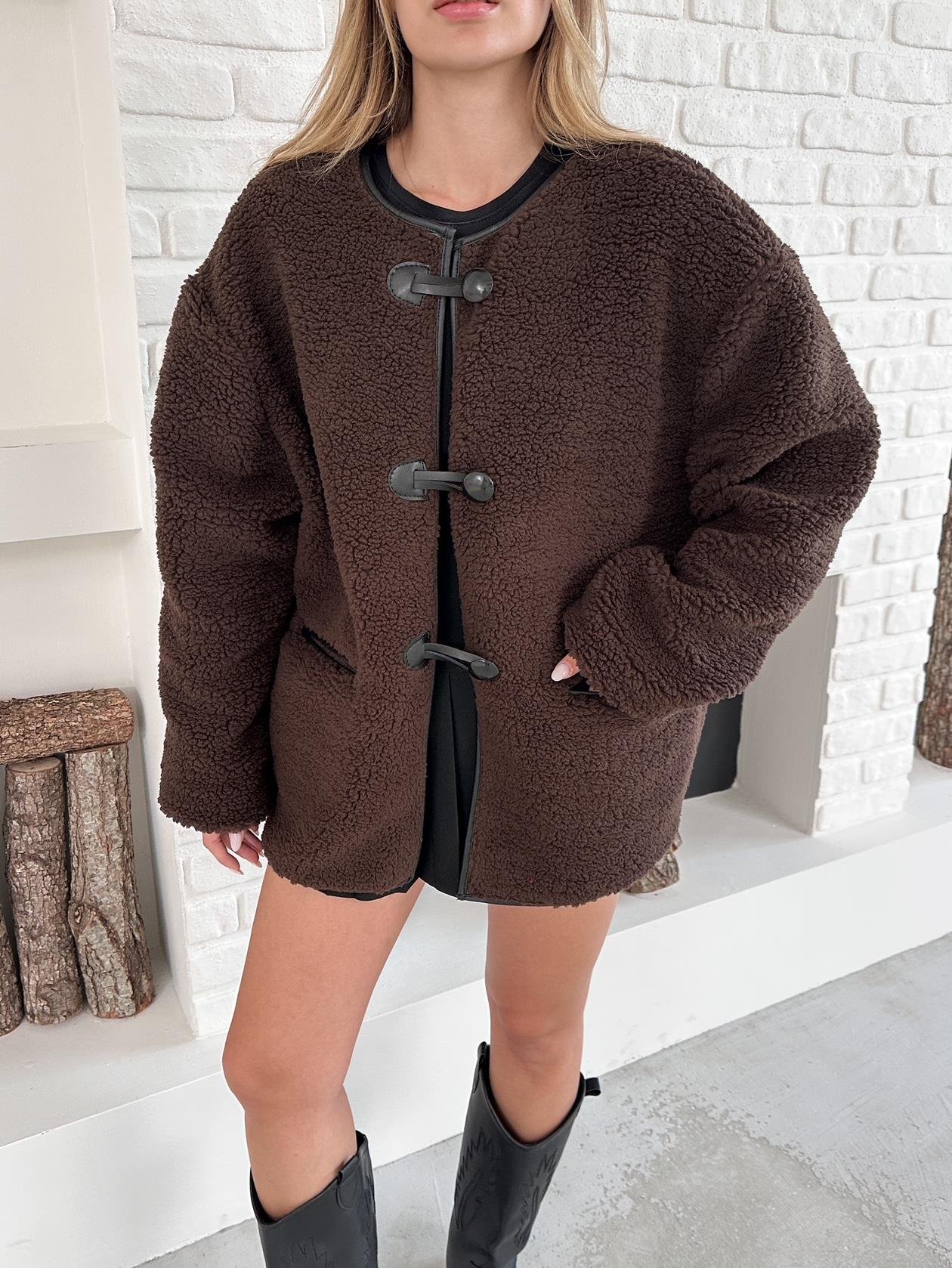 Kahverengi Apike Peluş Çoban Kapama Mont