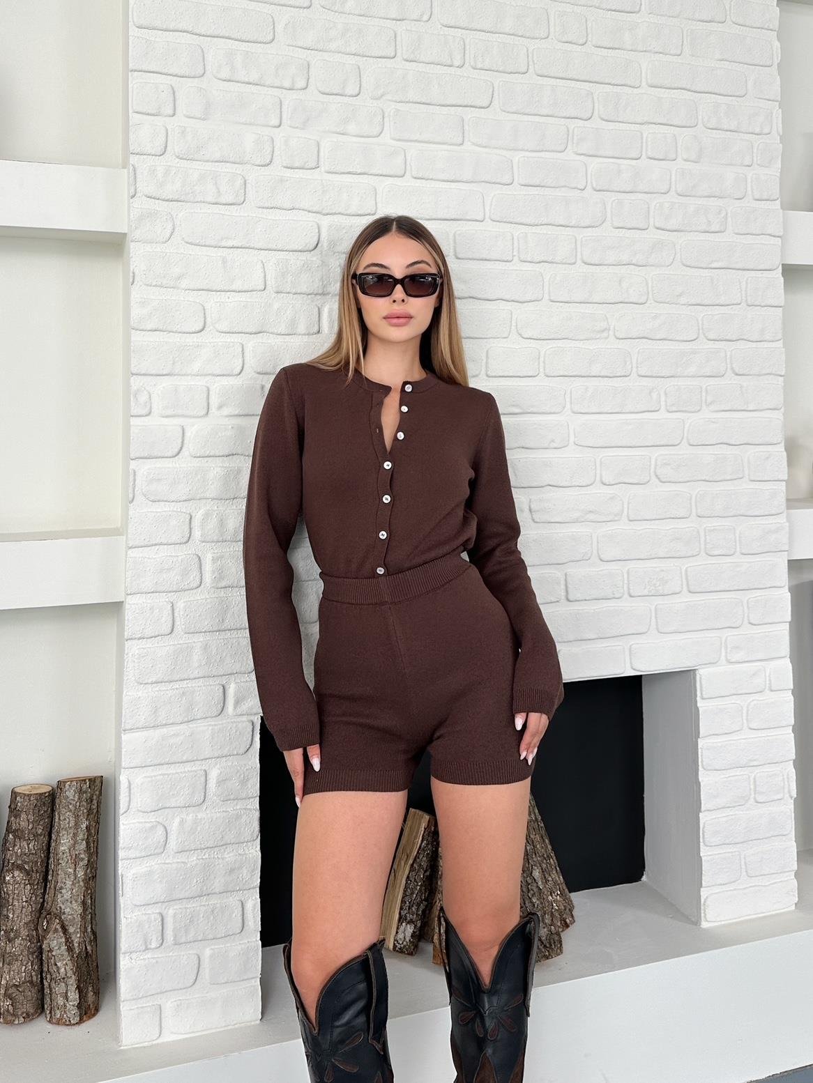 Kahverengi Bodycone Bodysuit Şortlu Takım