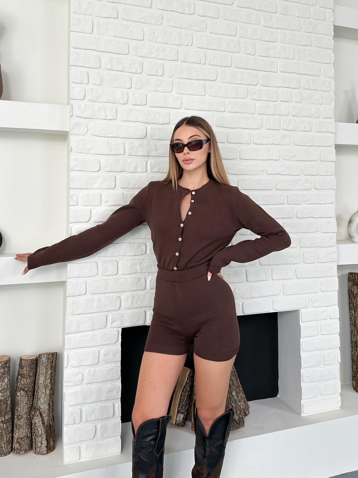 Kahverengi Bodycone Bodysuit Şortlu Takım