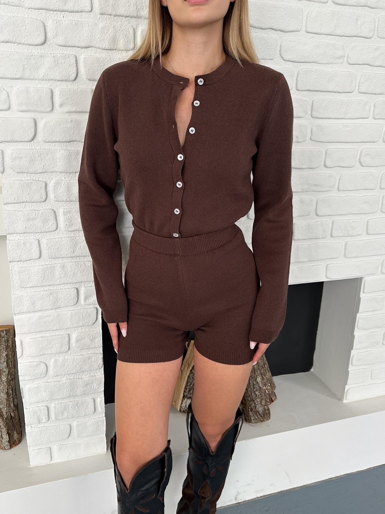 Kahverengi Bodycone Bodysuit Şortlu Takım