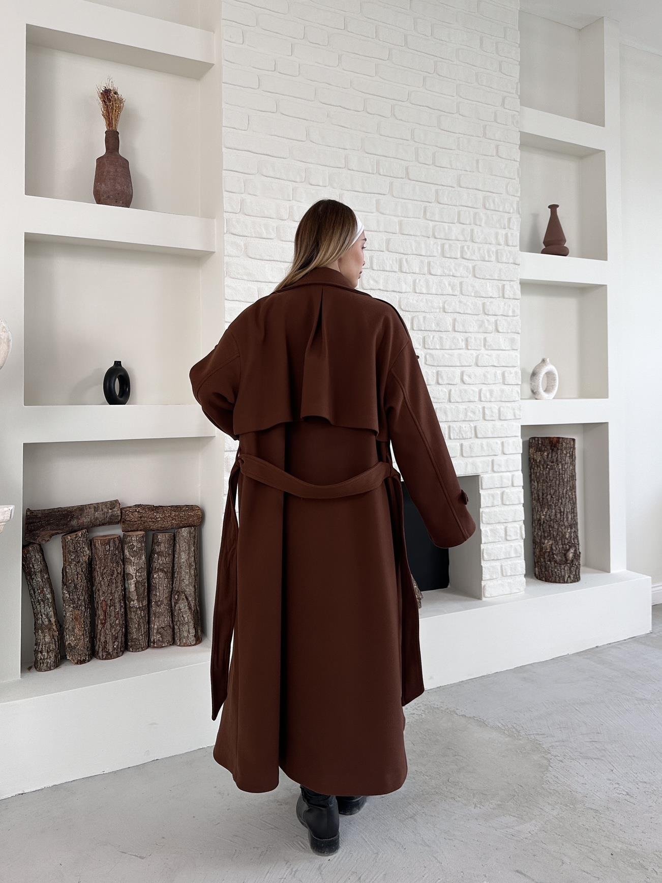 Kahverengi Kaşe Pelerinli Kuşaklı Düğmeli Oversize Kaban