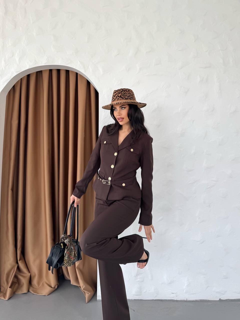 Kahverengi Kemerli Ceket Pantolon Blazer Takım