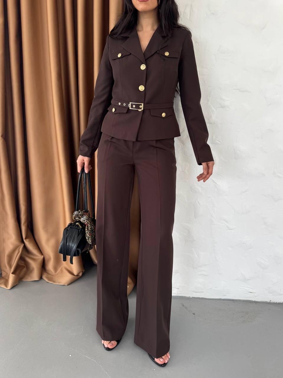 Kahverengi Kemerli Ceket Pantolon Blazer Takım