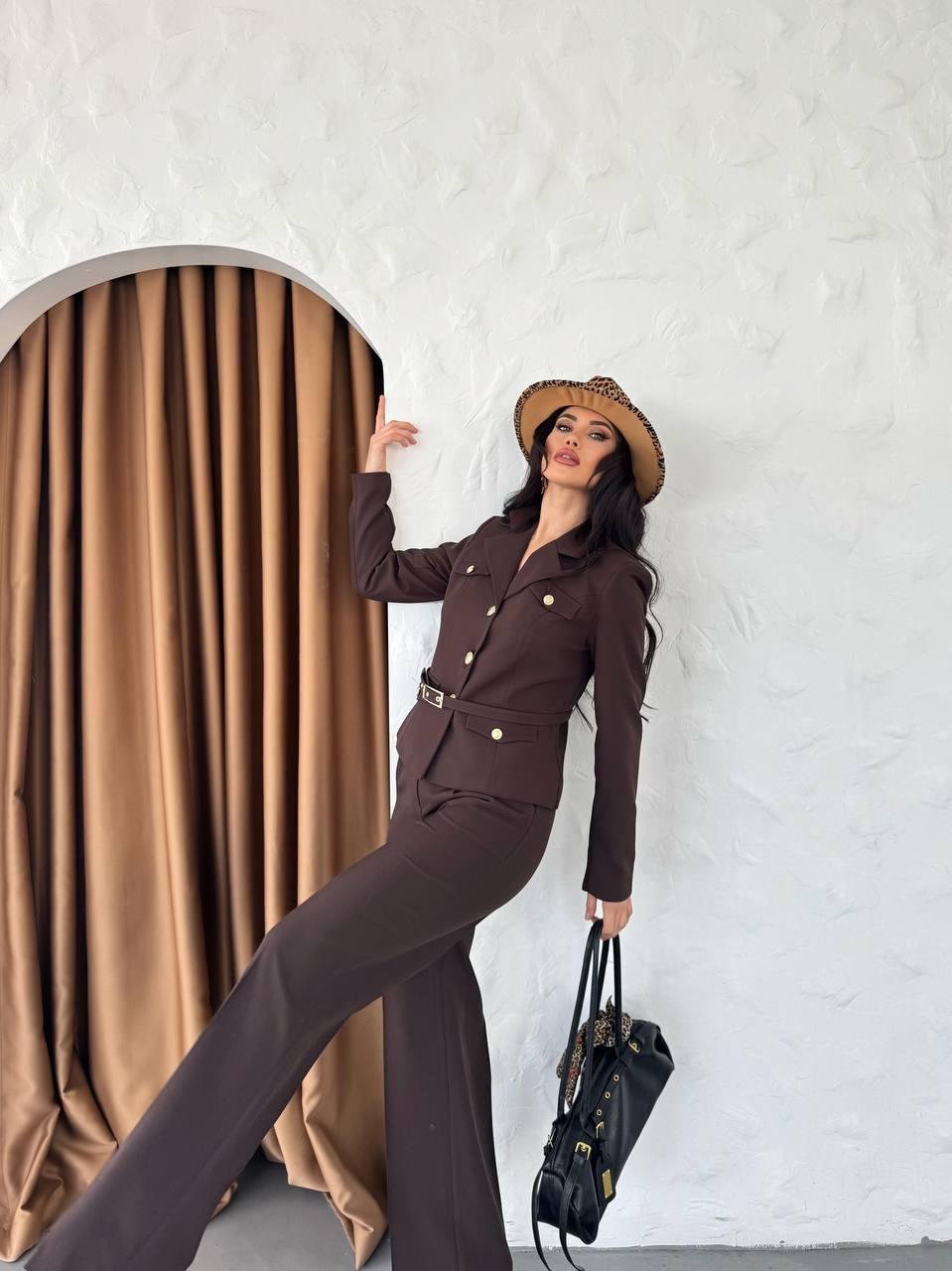 Kahverengi Kemerli Ceket Pantolon Blazer Takım