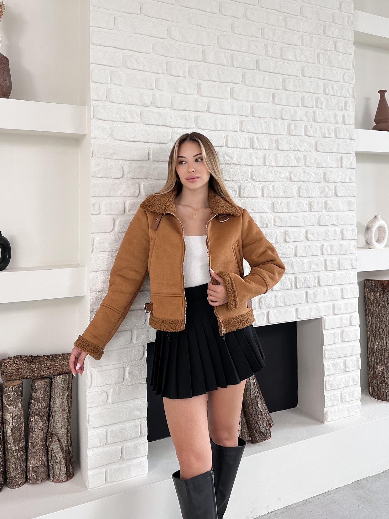 Kahverengi Kontrast Peluş Süet Biker Crop Mont