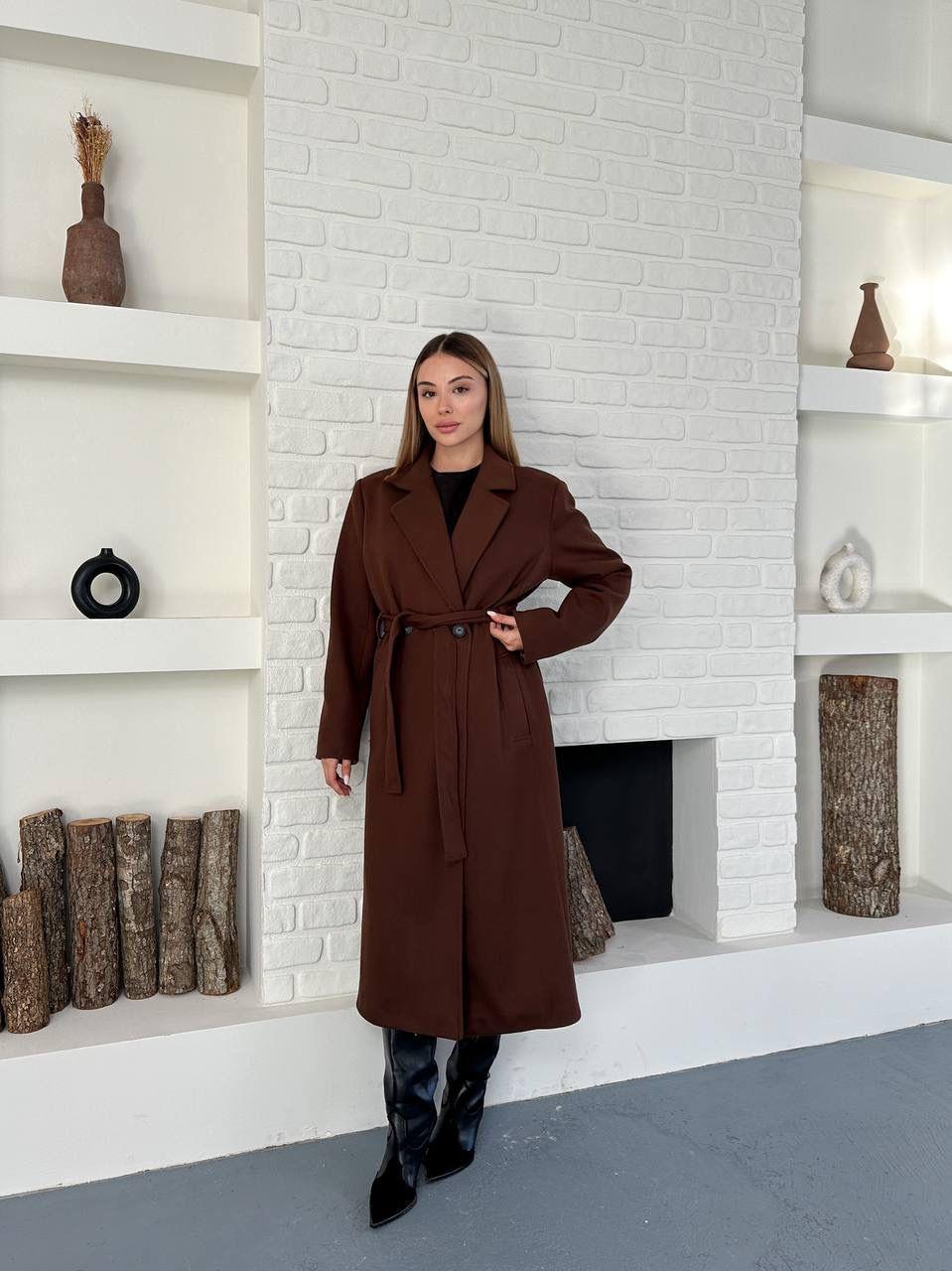 Kahverengi Kuşaklı Astarlı Maxi Boy Kaşe Kaban