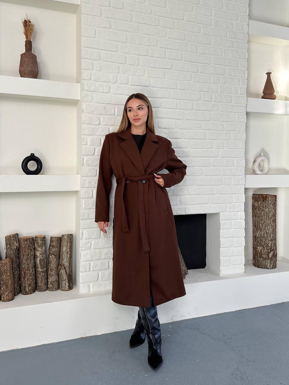 Kahverengi Kuşaklı Astarlı Maxi Boy Kaşe Kaban