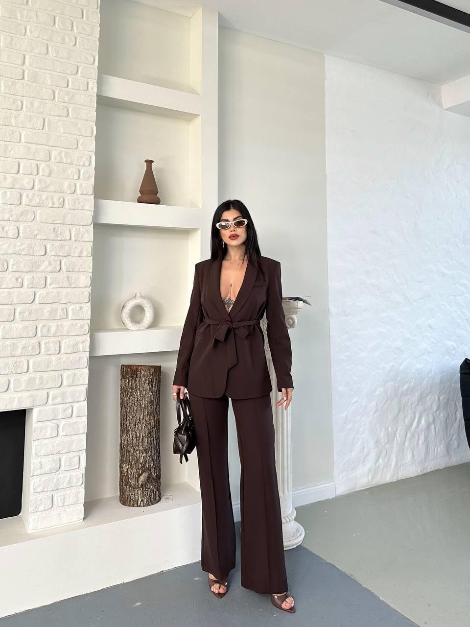 Kahverengi Kuşaklı Bağlamalı Ceket Pantolon Blazer Takım