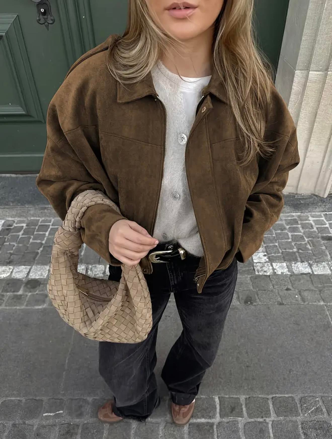 Kahverengi Oversize Bomber Süet Ceket