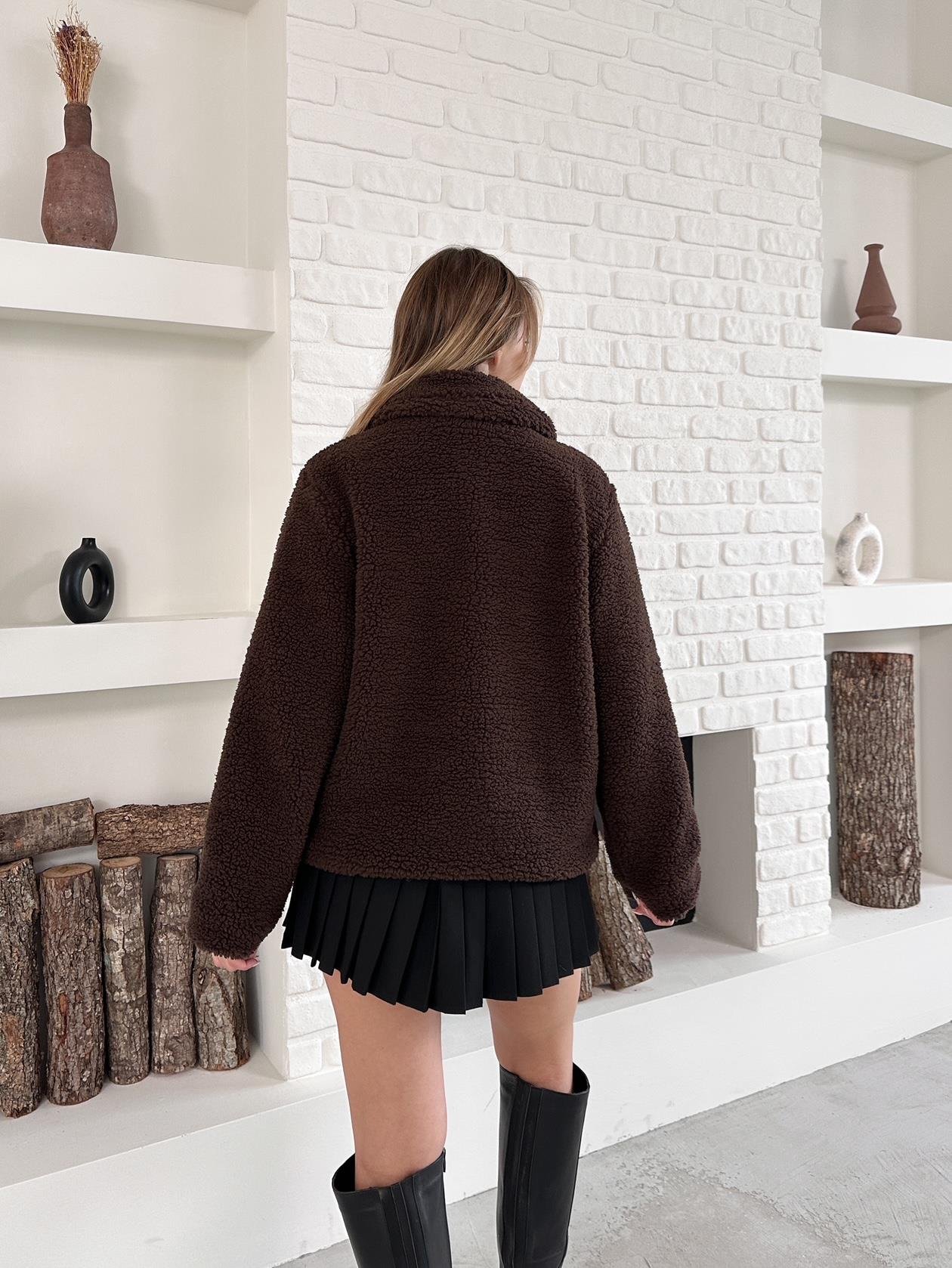 Kahverengi Peluş Çoban Kapamalı Mont