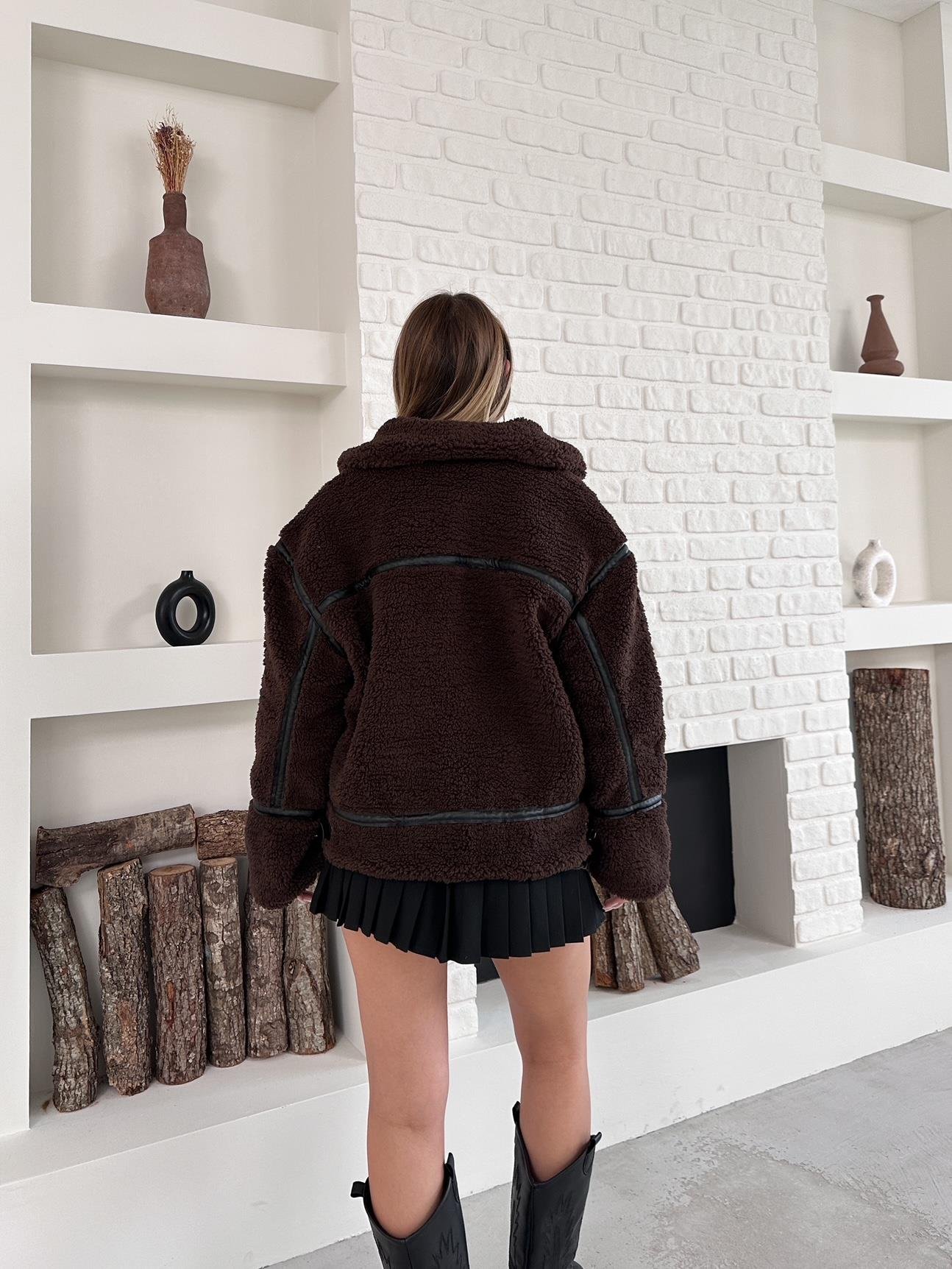 Kahverengi Peluş Fermuarlı Oversize Kuzu Mont