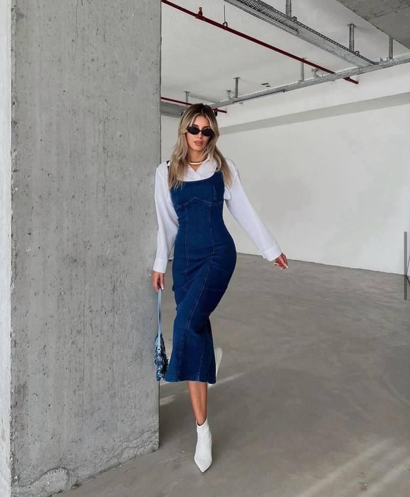 Kalın Askılı Uzun Denim Elbise