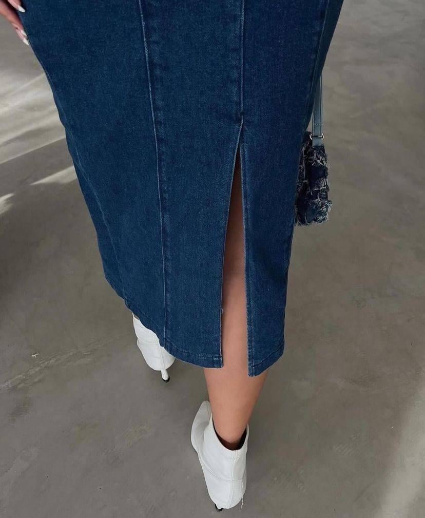 Kalın Askılı Uzun Denim Elbise
