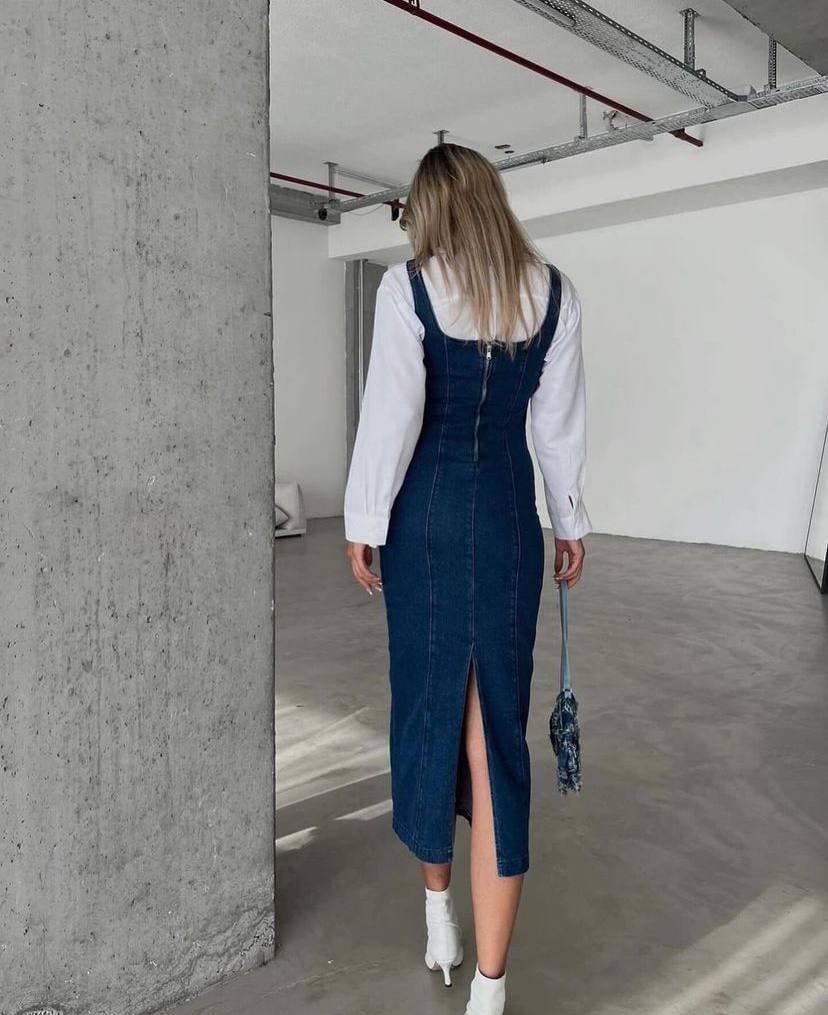 Kalın Askılı Uzun Denim Elbise