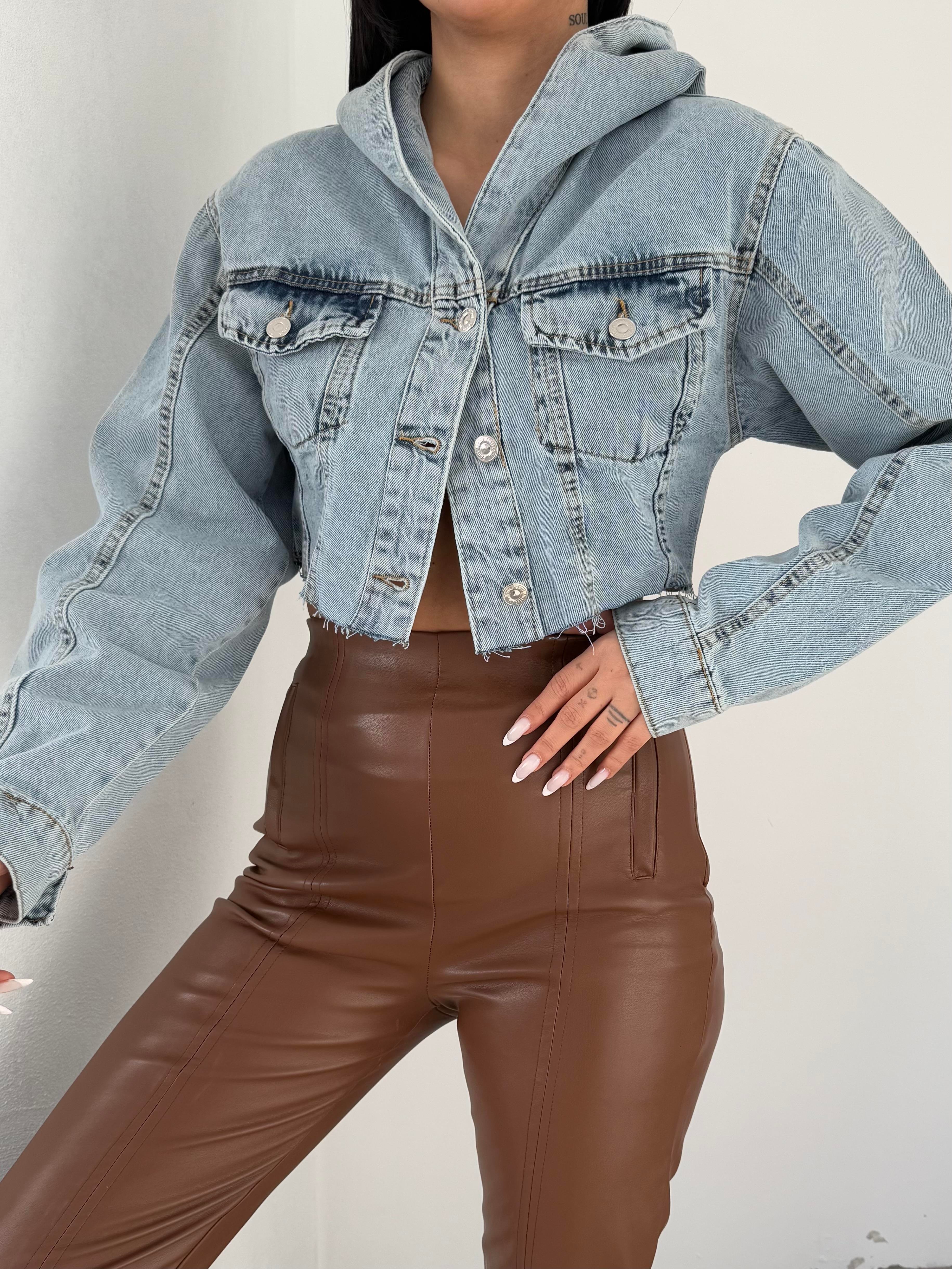 Kapişonlu Crop Denim Kot Ceket 