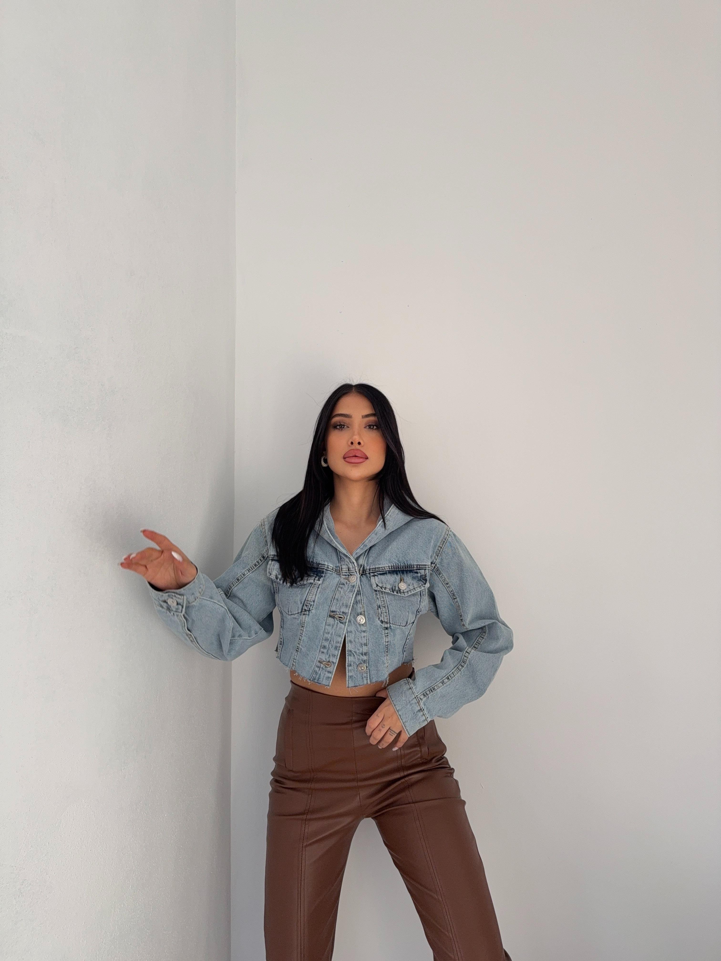 Kapişonlu Crop Denim Kot Ceket 