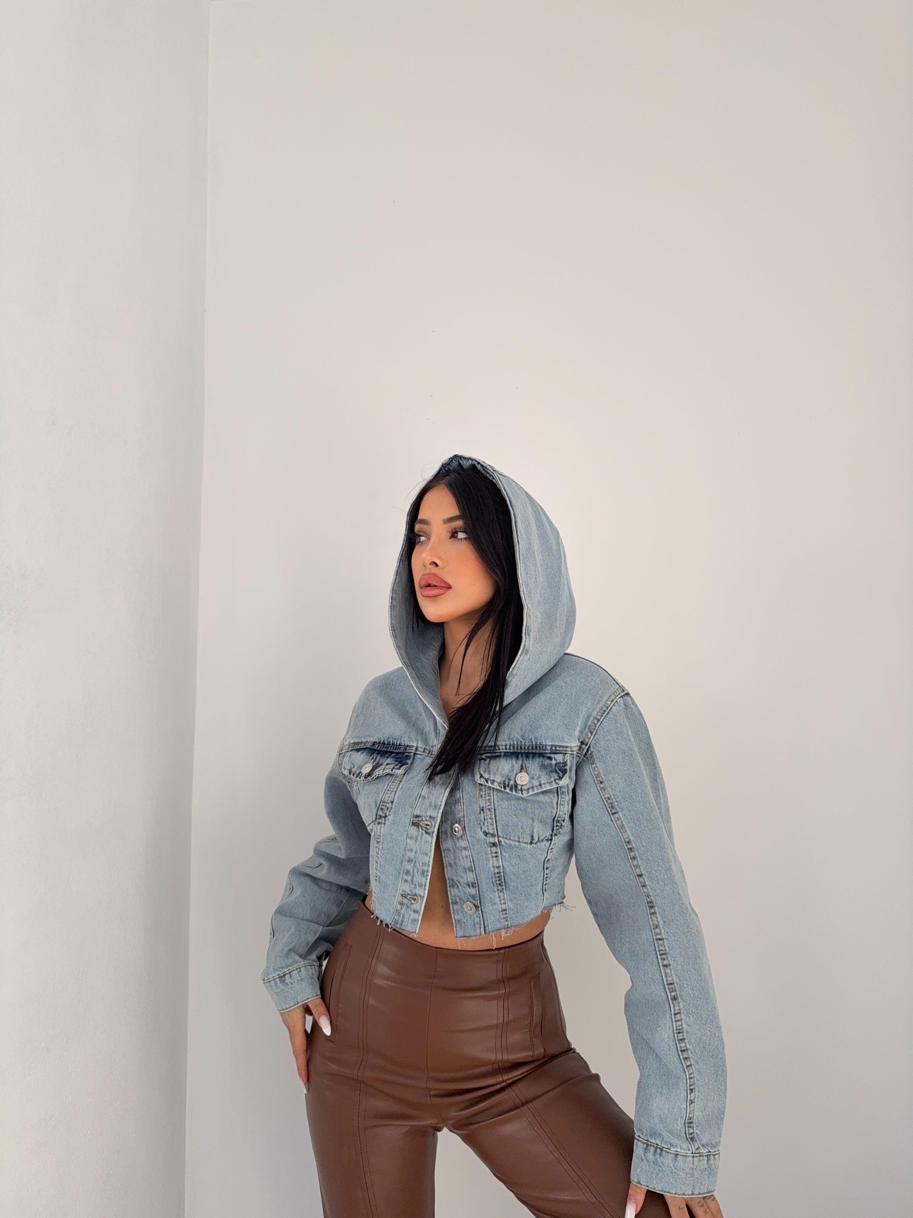 Kapişonlu Crop Denim Kot Ceket 