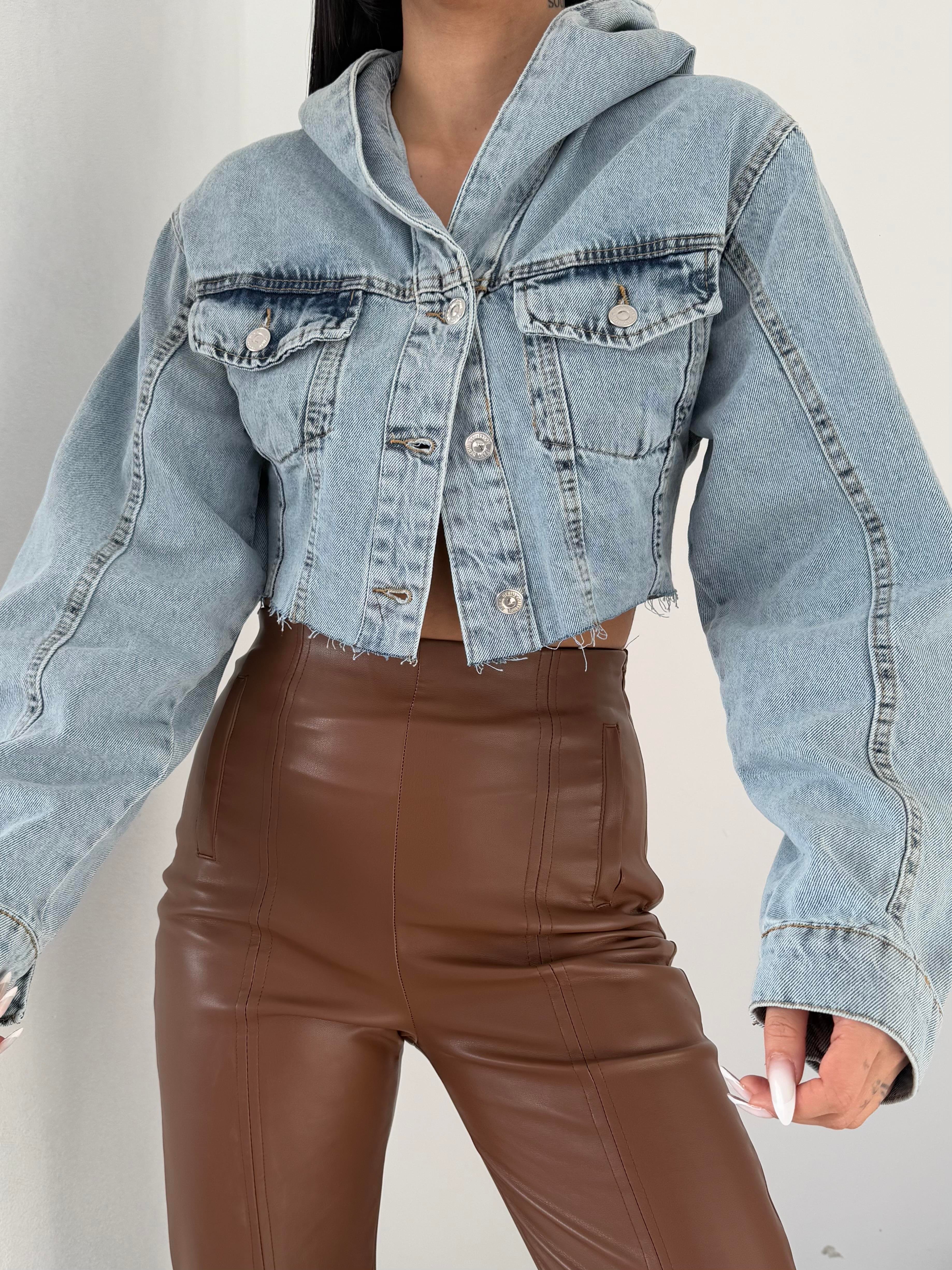 Kapişonlu Crop Denim Kot Ceket 