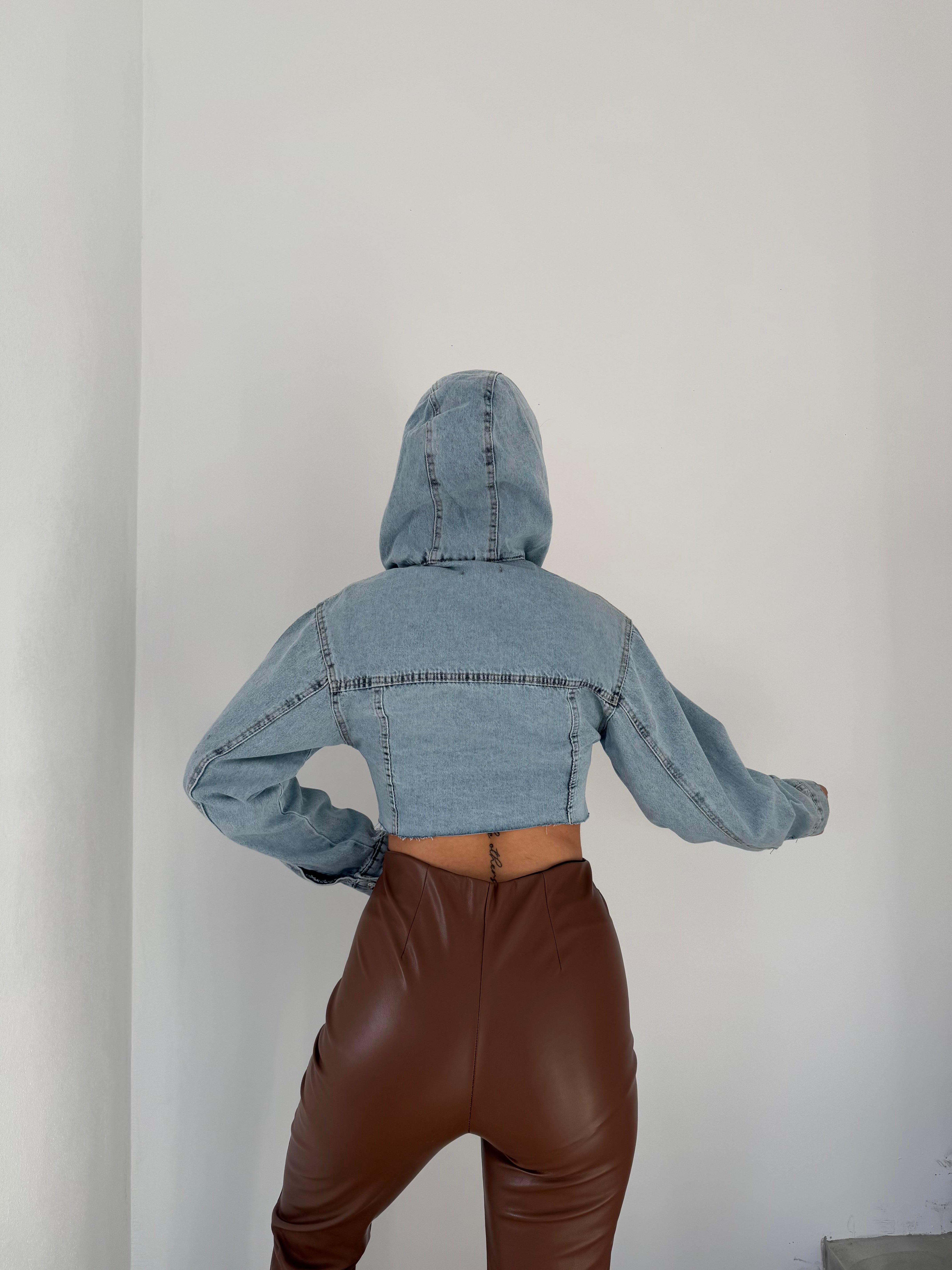 Kapişonlu Crop Denim Kot Ceket 